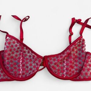 Victorias Secret Mesh Front Clasp Red Lingerie Bra Women Size 32D Strappy Back
